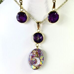 Handmade Purple Galaxy Resin Jewelry Set | Moon & Star Pendant Jewelry Set